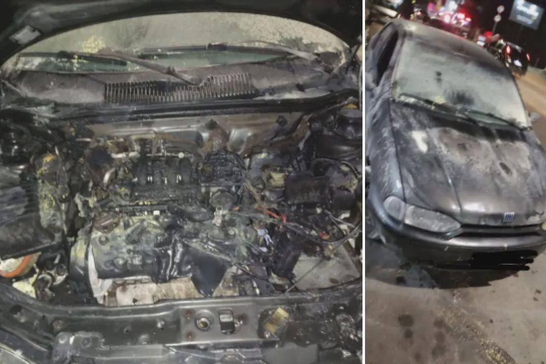 Motor do veículo, um Fiat Siena cinza, foi completamente queimado, segundo os bombeiros
